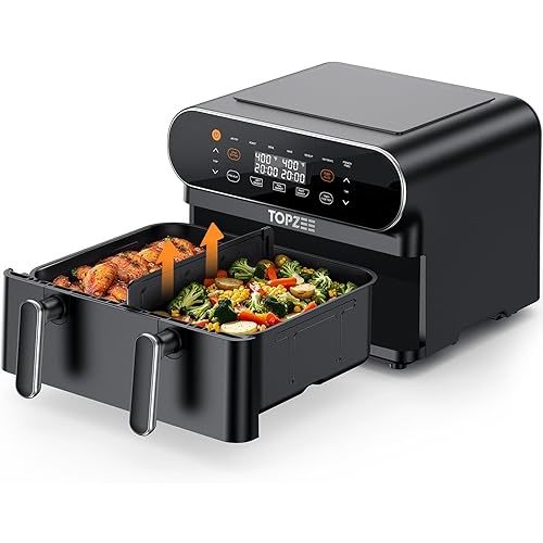 TOPZEE 11-QT Large Air Fryer - 8 in 1 XL Airfryer with Flex Basket, Divider for Dual Cooking, Preheat, Air Fry, Roast, Broil, Bake, Reheat, Dehydrate, French Fries, Dishwasher Safe, Black