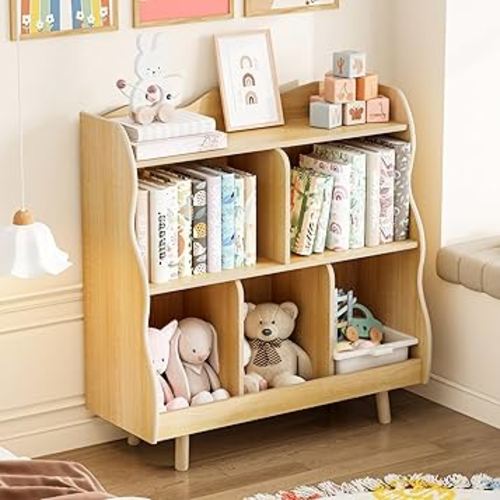Treocho Kids Bookshelf and Toy Storage Orangizer, 3-Tier Wooden Children's Bookcase with Curve Design, 5 Toy Storage Cabinet Display with Legs for Children's Room, Playroom, School, Natural