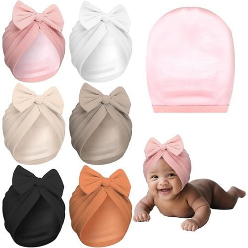 6/8 Pcs Newborn Satin Bonnet for 0-6 Months Silky Satin Lined Stretchy Baby Turban Hats with Bow for Infant Toddler