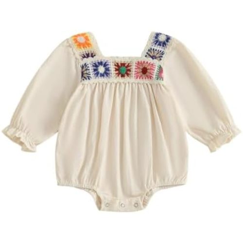 Baby Girl Romper Fall Clothes Ruffle Sleeveless Onesie Crochet Floral Bubble Romper Infant Bodysuit Boho Outfit