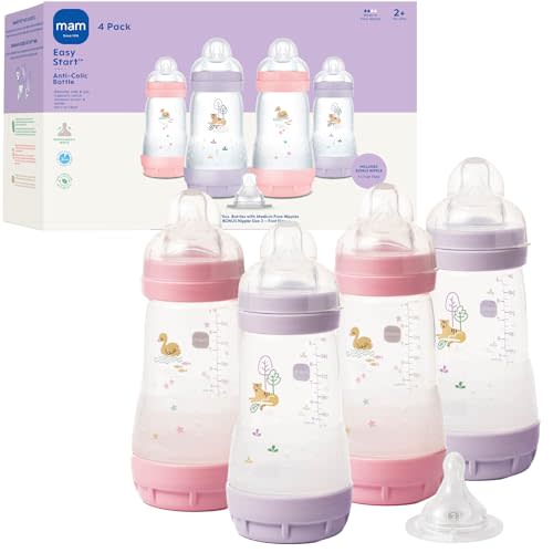 MAM 9oz Easy Start Anti-Colic Wide Neck Baby Bottle, Medium Flow Breastfeeding-Like Nipple, Reduces Colic Gas & Reflux, Easy to Clean, BPA Free, 2+ Months, Bonus Fast Flow Nipple, 4 Pack