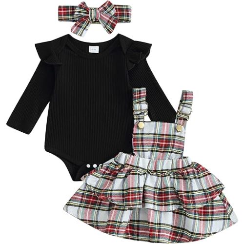 Mubineo Baby Girl Christmas Clothes Plaid Outfits Long Sleeve Romper Overall Skirt Dress Cute Newborn Outfit