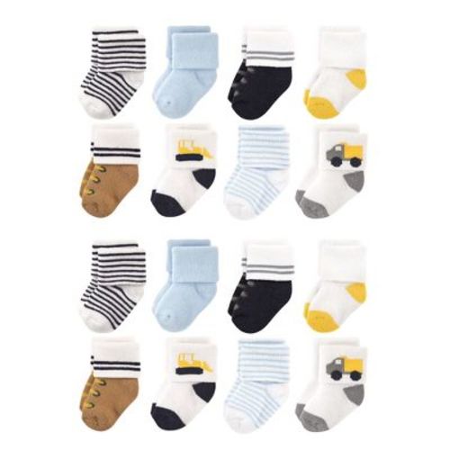 Luvable Friends Baby Cotton Rich Terry Socks 16-Pack, Bulldozer, 0-6 Months
