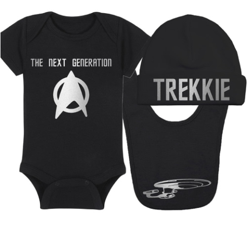 Trekkie Baby Onesie, Hat and Bib - The Next Generation - Trekkie - Enterprise Silhouette (0-3 Month - Black Fabric - Silver Design)