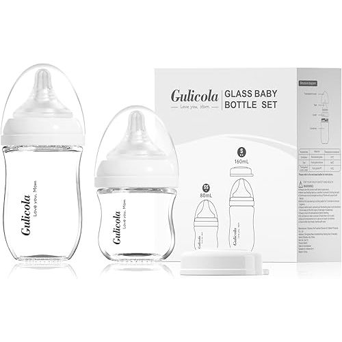 Natural Glass Baby Bottle Newborn Set, 3 oz and 5 oz with Extra Slow Flow & Slow Flow Nipple, Anti Colic, 0-3 Months, 2 Pack - White