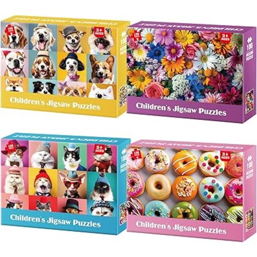 100 Piece Puzzles for Kids Ages 4-8 - Dogs Flowers Donuts Cats Puzzles - Large Puzzle for Senior Jigsaw Puzzle for Kids Ages 4-6 6-8 8-10 Year Old Educational Toys Gifts 4-Pack 15"x11"