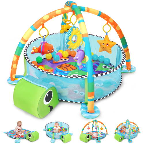 babyeap 3-in-1 Baby Gym, Turtle Play Mat with 30 Ocean Balls, Sensory Hanging Toys, 0-36 Months