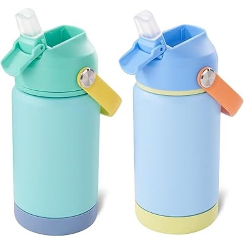 12oz Kids Water Bottle 2 Pack, Stainless Steel Insulated Water Bottle For Kids, Toddler Cup With Straws Leak-proof, Kids Water Bottles For School Boys Girls, BPA Free, Twilight Green+Sky 2-piece set
