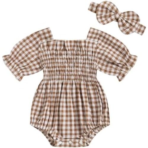 Infant Baby Girls Romper Ruffle Sleeve Pleated Smocked Bubble Plaid One Piece Ruched Jumpsuit Summer Bodysuit