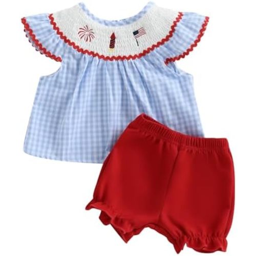 Baby Girl 4th Of July Outfit American Flag Fly Sleeve Tops Toddler Fourth Of July Shorts Set Memorial Clothes