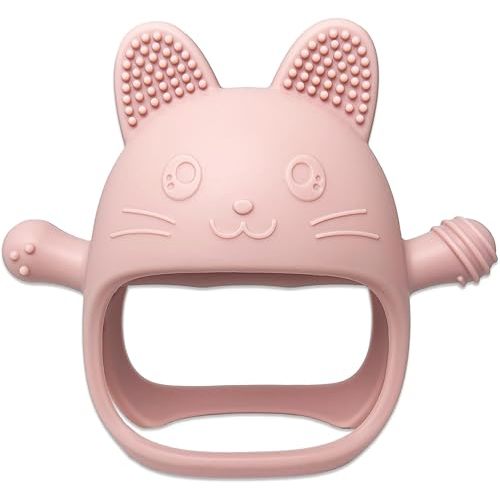 Baby Teethers, BPA Free, Anti Dropping, Baby Teething Toy for 0-6 6-12 Months, Food Grade Silicone Teething Mitten, Wrist Hand Teethers Baby Chew Toys for Sucking Needs, Pink Cat