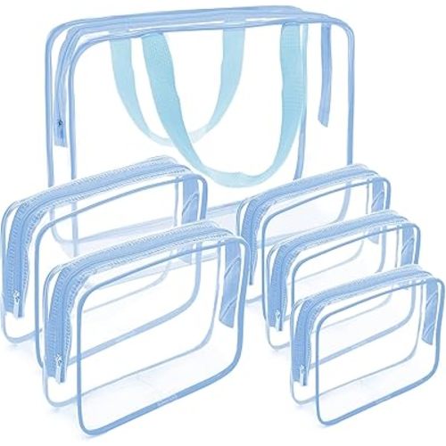 APREUTY Clear Makeup Bags, TSA Approved 6 Pcs Cosmetic Makeup Bags Set Clear PVC with Zipper Handle Portable Travel Luggage Pouch Airport Airline Vacation Organization (Haze Blue)