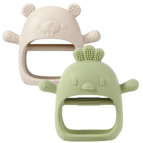 2 Pack Baby Teether Toy, BPA Free Silicone Mitten Glove Teether for Sucking Needs, Baby Teething Toys 0-3-6-12 Months, Hand Pacifier Chew Toys for Teething Pain Relief (Green & Beige)