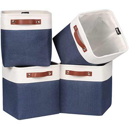 Univivi Fabric Cube Bins Set of 4 Storage Baskets with PU Handles for Home Closet Nursery Foldable Storage Bins (Blue, 10.5" x 10.5" x 11") - Hard Bottom- 10.5 Inch