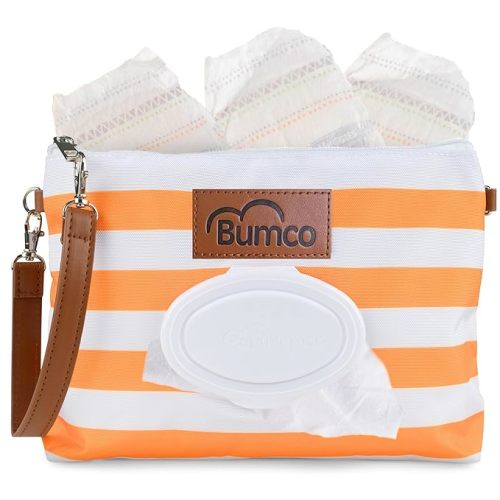 Baby Bumco Diaper Clutch Bag - Water Resistant; Lightweight; Refillable Wipes Dispenser; Portable Changing Kit (Orange)