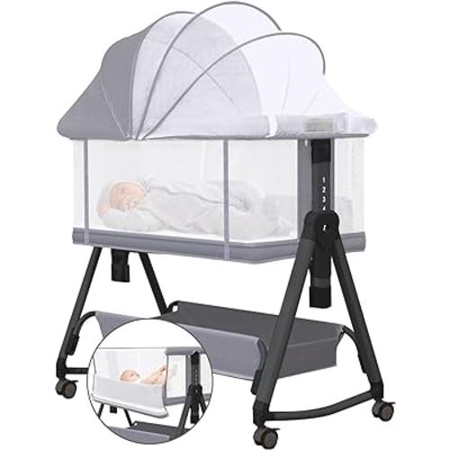 MEICHYUN Baby Bassinet Bedside Sleeper for Baby with Wheels and Storage Basket,All Mesh Portable Bedside Bassinet for Newborn,7 Height Adjustable Easy to Assemble Bedside Crib(3 in 1,Grey)