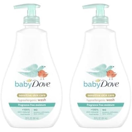 Baby Dove Sensitive Skin Care Baby Wash For Bath Time, Moisture Fragrance Free and Hypoallergenic, Washes Away Bacteria 20 oz (Pack of 2)