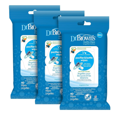 Dr. Brown's Bottle and Pacifier Healthy Wipes, Naturally Cleaning for Bottles and Baby Items, 40 Count, 3 Pack