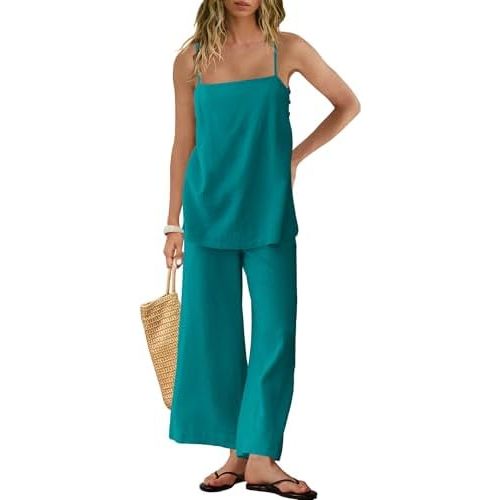 Panadila 2 Piece Linen Set Summer Travel Beach Vacation Outfit Sexy Spaghetti Strap Tank Top and Pants with Pockets