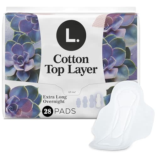 L. Extra Long Maxi Pads for Women, Overnight Absorbency, Breathable Cotton Top Layer, Unscented Pads with Wings, 28 Ct