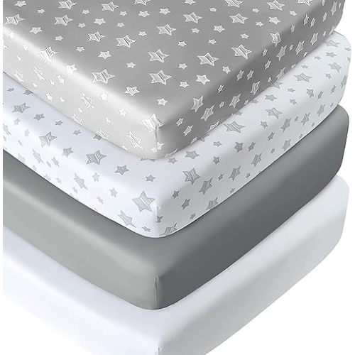 Crib Sheets for Boys and Girls 4 Pack, 28”x 52” Multi Color Available, Fitted Crib Sheet for Standard Size Crib and Toddler Mattresses, Soft and Breathable Crib Sheets Baby Gift Unisex Set, Grey