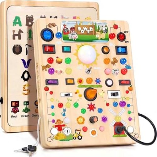 Busy Board with LED Light Switches, Montessori Toys for 1 2 3 Years Old, Toddlers Wooden Toy Sensory Activity Board, Travel Toys for 1+ Year Old Boy & Girl Birthday Gift (Farm 19 Switches)