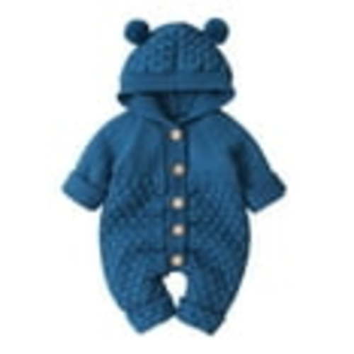 IBTOM CASTLE Unisex Baby Boy Girl Cute 3D Bear Ears Hooded Knitted Sweater Long Sleeve Romper Overall Sleepwear Winter Warm Clothes 6-12 Months Blue