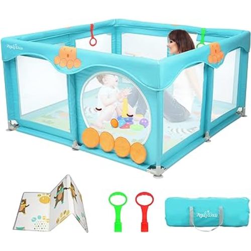 Baby Playpen with Mat, Cute Baby Play Yards, Baby Playpen for Babies and Toddlers, No Gap Toddler Playpen with Soft-Touch Material, Baby Play Area, 50”×50”, (Blue)