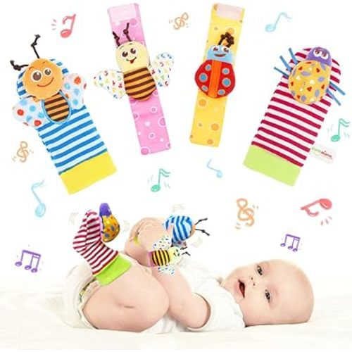 Soft Baby Rattle Toys, Wrist Rattle Foot Sock Rattles, Hand Arm Leg Ankle Handheld Rattles for Infants, Sensory Plush Animal Toys for Newborn Baby Girls and Boys (BR4)