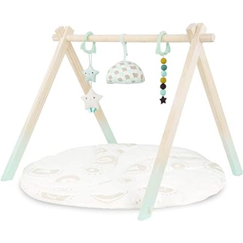 B. toys- B. baby- Wooden Baby Play Gym – Activity Mat – Starry Sky – 3 Hanging Sensory Toys – Natural Wood – Babies, Infants