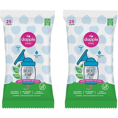 Breast Pump Wipes by Dapple Baby, Hypoallergenic & Powered by Plants, Removes Milk Residue, Leaves No Taste, Convenient Wipes Pouch, Fragrance Free, 25 Count (Pack of 2)