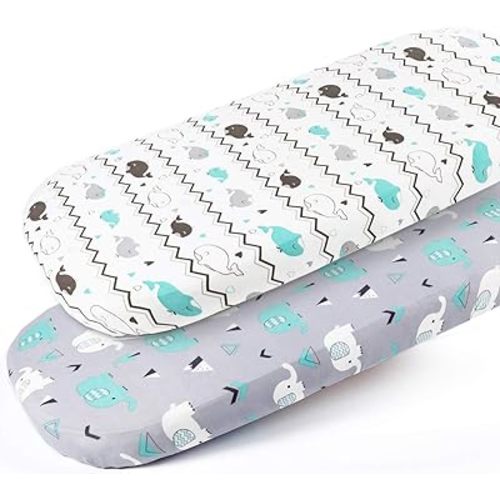 Stretch Fitted Bassinet Sheet Set BROLEX 2 Pack Cradle Sheets for Bassinet Pad/Mattress,Unisex Boys Girls,Ultra Soft,Elephant Whale