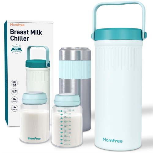 Momfree 22oz Portable Breast Milk Cooler for Breastmilk Storage, Liquid Gold Saver 360° Cooling Keeps Milk Fresh for 24 Hours, Larger Capacity Breastmilk Chiller with 2pcs Bottles for Outdoor