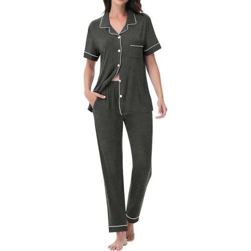 Womens Modal Pajama Set 2 Piece Soft Lounge Set Short Sleeve Button Up Pajama Comfy Pj Pants With Pockets S-3XL