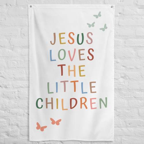 Jesus Loves the Little Children, Bible Verse Tapestry, Scripture Banner, Christian Wall Art for Playroom, Nursery Boho Bible Wall Decor