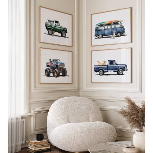 Cars and Dogs- Set of 5 - Nursery Decor - Little Boy - Baby Boy - Toddler Boy - Watercolor Print- Dog Nursery- Wall Art - DIGITAL - Trucks