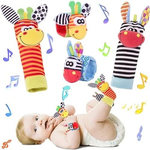 Wrist Rattle Foot Finder Socks Set for Baby Arm Hand Bracelet Rattle Feet Leg Ankle Socks Newborn Soft Sensory Toys Baby Socks Newborn Rattles Toys Baby Gifts 0-3 6-12 Months Infant Girl Boy