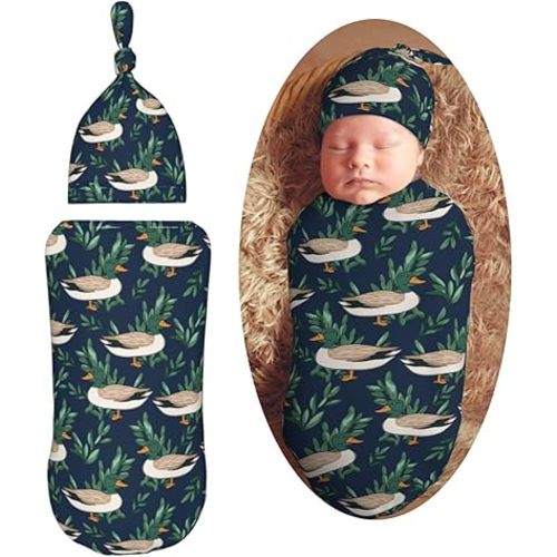 KiuLoam Cute Farm Animal Mallard Duck Newborn Swaddle Blanket with Hat Set Baby Receiving Blankets Soft Swaddle Wrap for Baby Boys and Girls