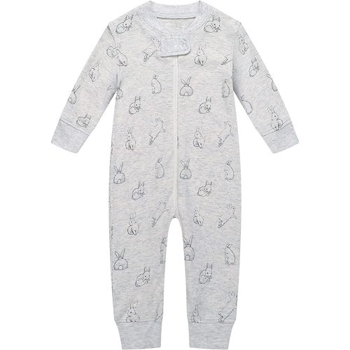 Owlivia Organic Cotton Baby Boy Girl Zip up Sleep N Play, Footless, Long Sleeve(0-3 Months, Gray Rabbit)