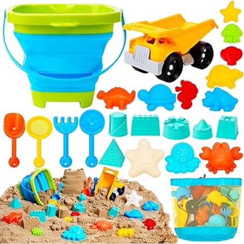 Sloosh Beach Sand Toys Set - Dump Truck Car Toy with Sand Molds for Toddlers Outdoor Play, Collapsible Foldable Buckets Mesh Bag Shovels Castle Animal Mold Sets, Kids Ages Sandbox Toys (Animals)