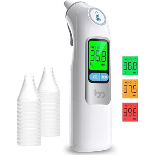 Infrared Ear Thermometer, Accuracy Health Care Therometer for Adults and Kids, 3-Color Fever Alert, Mute Mode, Reading Storage, with Disposable Probe Covers