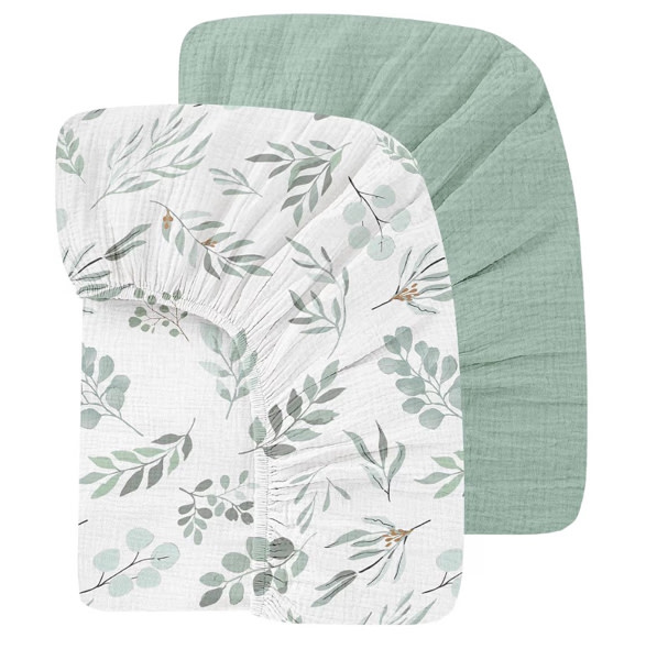 100% Organic Cotton 2 Pack Crib Sheets (Leaves & Sage Green)