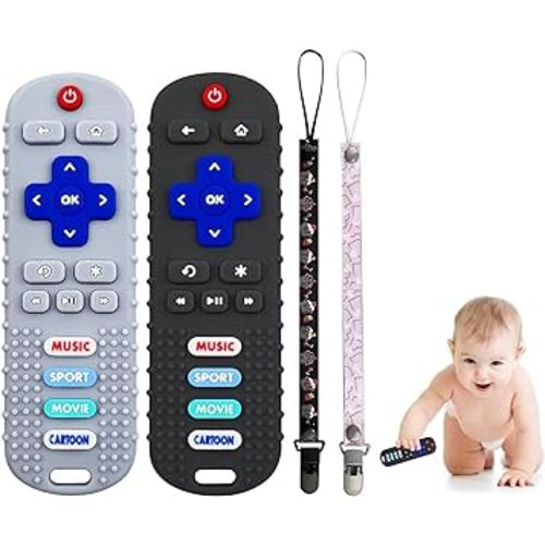 2-Pack Baby Remote Control Teether Toy for Babies 6-36 Months Silicone Infant Teething Toys Boys Girls Infants Teething Toys (Black + Gray)
