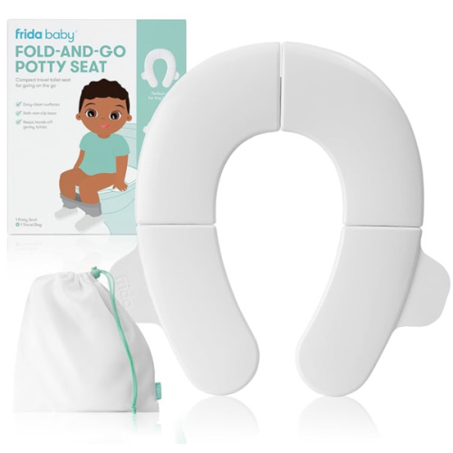 Frida Baby Fold-and-Go Portable Potty Seat for Toilet, Foldable Travel Potty Seat for Toddler, Fits Round & Oval Toilets, Non-Slip Base, Handles, Includes Free Travel Bag