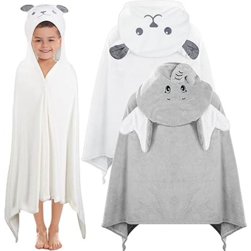 Preboun 2 Pcs Kid Hooded Bath Towel Toddler 27.5 x 55'' Large Hooded Towel for Kids 3-10 Yrs Wrap Bathrobe Boy Girl(White, Gray,Bear, Elephant)