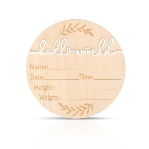 Baby Announcement Sign, 5.9 Inch Wooden Hello World Baby Name Plaque, Newborn Welcome Sign, Birth Announcement Sign for Hospital Photo Prop Home Decorations