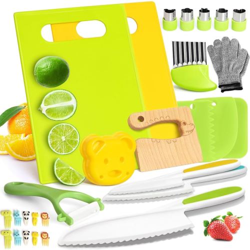 Amazon.com: 28PCS Toddler Knife Set - Kids Knifes for Real Cooking, Montessori Kids Kitchen Knife Set with Cutting Board Crinkle Cutters Kid Safe Knives, Toddlers Kitchen Tools for Age 2-10 Year Old Girl Boy : Toys & Games
