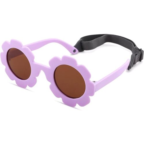 Flexible Baby Polarized Flower Sunglasses with Strap Bendable Frame for Infant Boys Girls Ages 0-24 Months - Matte Purple/Brown Mirror