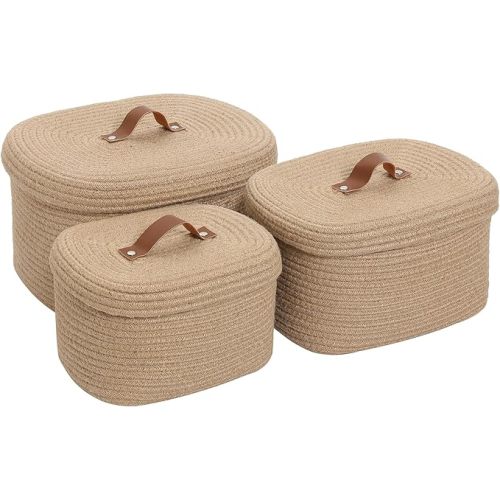 Cottonphant Set of 3 Stylish Large Rectangular Woven Baskets with Lids - Elegant Storage Solution for Home Decor and Organization, Jute