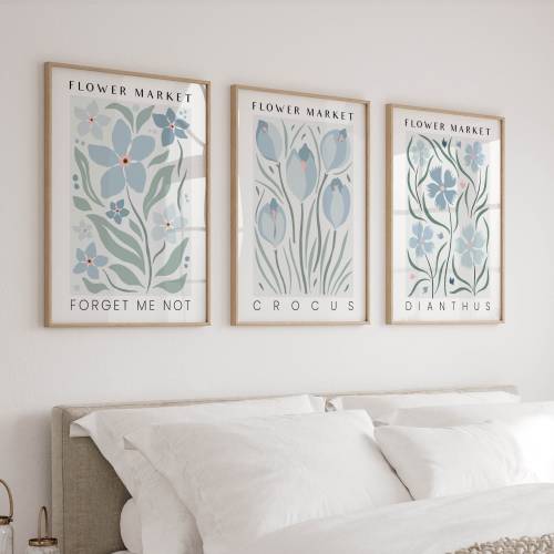 Flower Market Prints in Blue, Set of 3